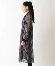 RLEAB03510 HIROKO BIS GRANDE(ヒロコ ビス グランデ) 【大きいサイズ/リボンタイ付き】シアーチェックツイードプリントワンピース /洗濯機で洗える ブルー