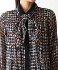 RLEAB03510 HIROKO BIS GRANDE(ヒロコ ビス グランデ) 【大きいサイズ/リボンタイ付き】シアーチェックツイードプリントワンピース /洗濯機で洗える ブルー