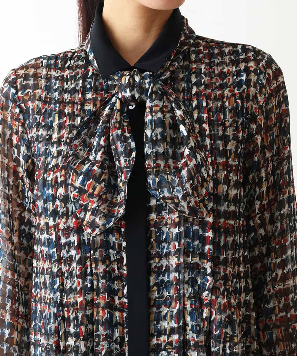 RLEAB03510 HIROKO BIS GRANDE(ヒロコ ビス グランデ) 【大きいサイズ/リボンタイ付き】シアーチェックツイードプリントワンピース /洗濯機で洗える ブルー