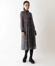 RLEAB03510 HIROKO BIS GRANDE(ヒロコ ビス グランデ) 【大きいサイズ/リボンタイ付き】シアーチェックツイードプリントワンピース /洗濯機で洗える ブルー