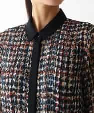 RLEAB03510 HIROKO BIS GRANDE(ヒロコ ビス グランデ) 【大きいサイズ/リボンタイ付き】シアーチェックツイードプリントワンピース /洗濯機で洗える ブルー