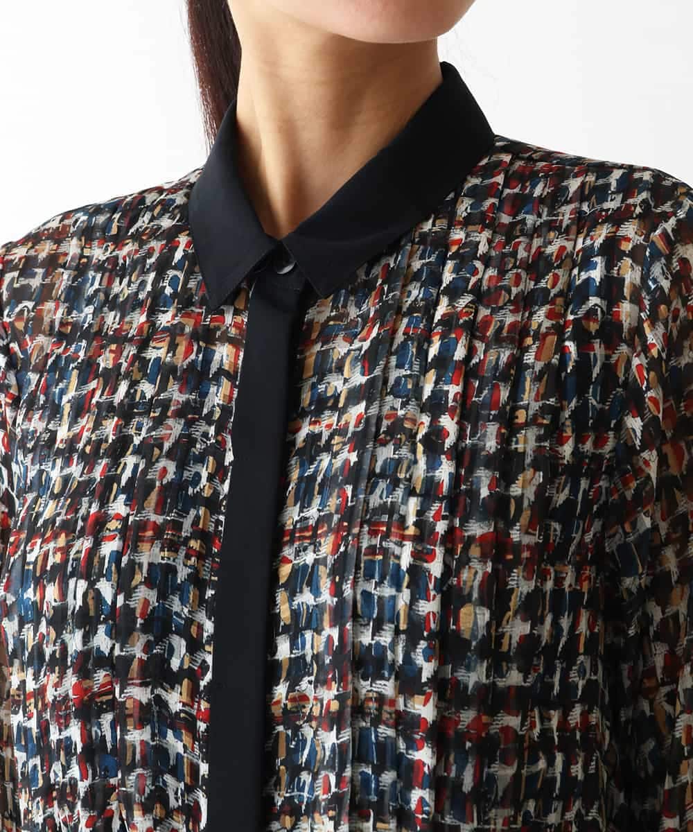 RLEAB03510 HIROKO BIS GRANDE(ヒロコ ビス グランデ) 【大きいサイズ/リボンタイ付き】シアーチェックツイードプリントワンピース /洗濯機で洗える ブルー