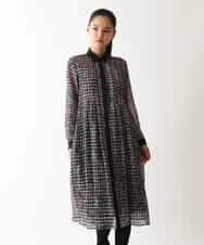 RLEAB03510 HIROKO BIS GRANDE(ヒロコ ビス グランデ) 【大きいサイズ/リボンタイ付き】シアーチェックツイードプリントワンピース /洗濯機で洗える ブルー