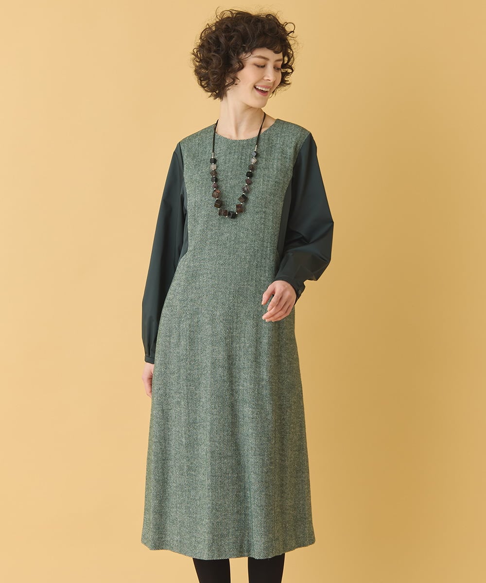 RLEAB41480 HIROKO BIS GRANDE(ヒロコ ビス グランデ) 【大きいサイズ】ファンシーヘリンボーンドッキングワンピース グリーン