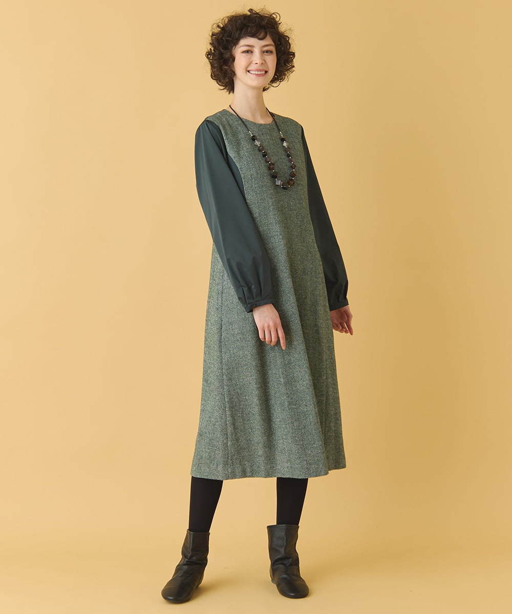 RLEAB41480 HIROKO BIS GRANDE(ヒロコ ビス グランデ) 【大きいサイズ】ファンシーヘリンボーンドッキングワンピース グリーン