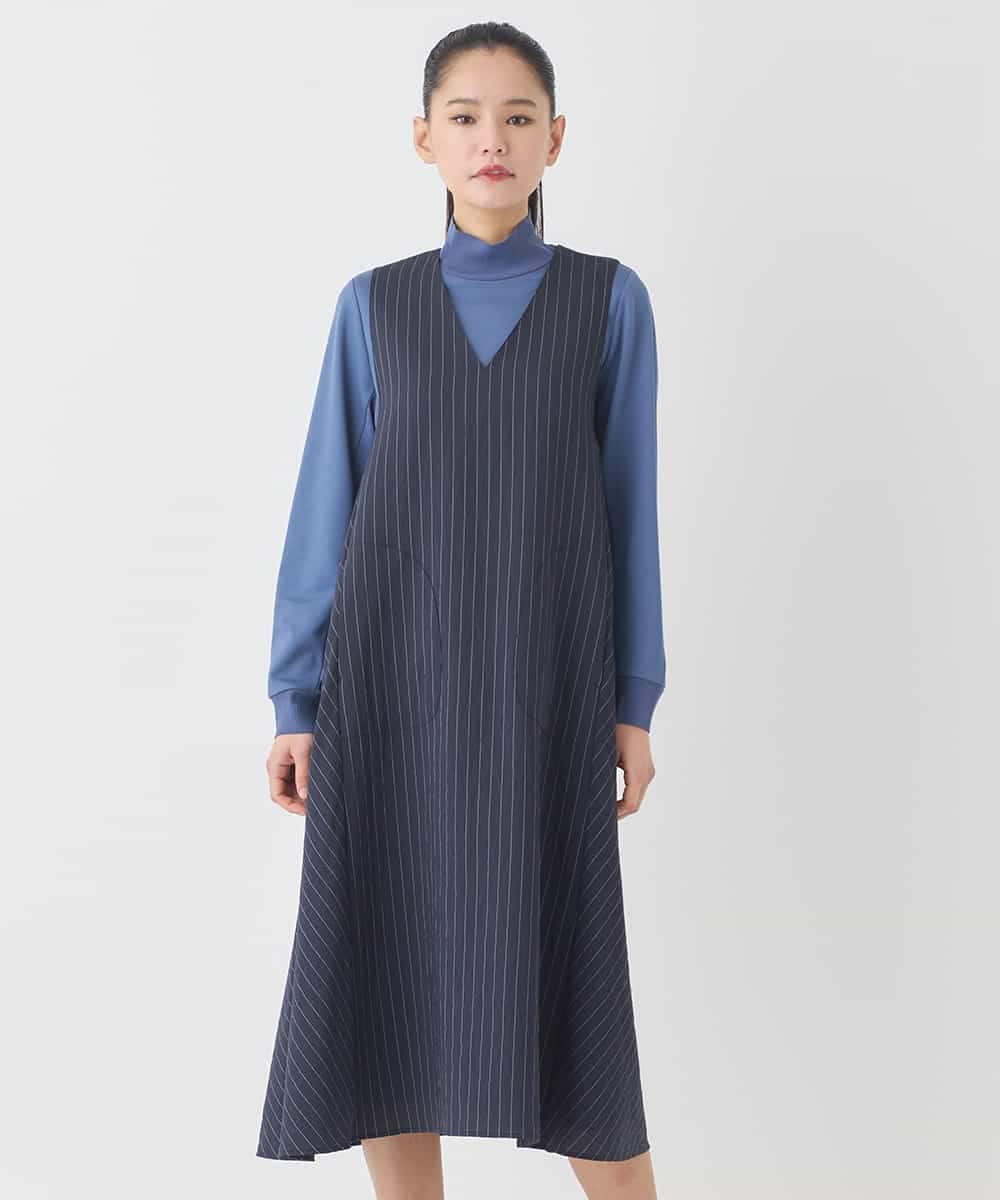 RLEDD03410 HIROKO BIS GRANDE(ヒロコ ビス グランデ) 【大きいサイズ】ピンストライプフレアジャンパースカート ネイビー