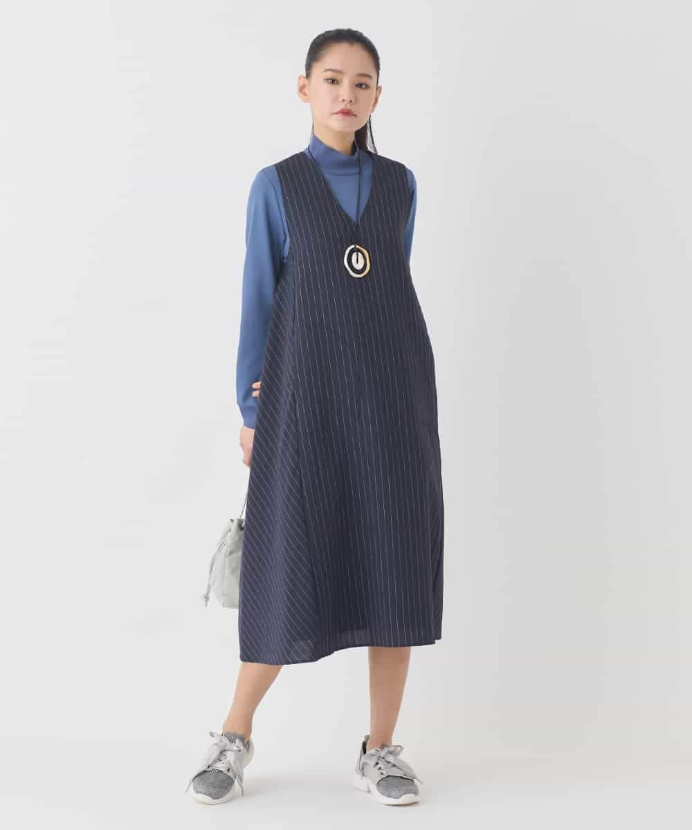 RLEDD03410 HIROKO BIS GRANDE(ヒロコ ビス グランデ) 【大きいサイズ】ピンストライプフレアジャンパースカート ネイビー