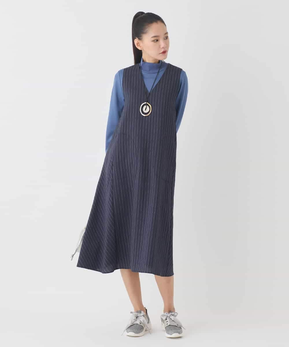 RLEDD03410 HIROKO BIS GRANDE(ヒロコ ビス グランデ) 【大きいサイズ】ピンストライプフレアジャンパースカート ネイビー