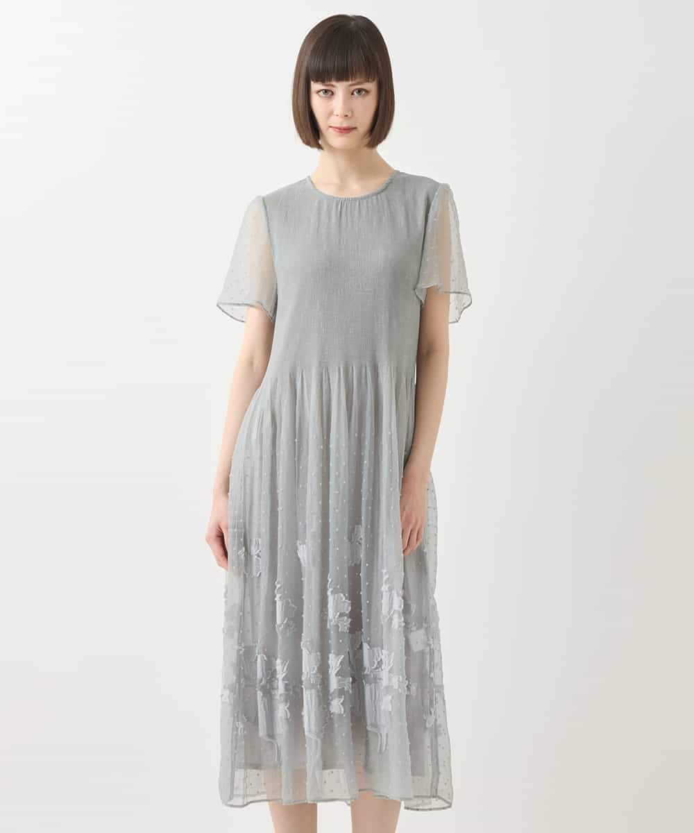 RLEGA32550 HIROKO BIS GRANDE(ヒロコ ビス グランデ) 【大きいサイズ】ドットフラワーシャーリング切り替えワンピース ライトグレー