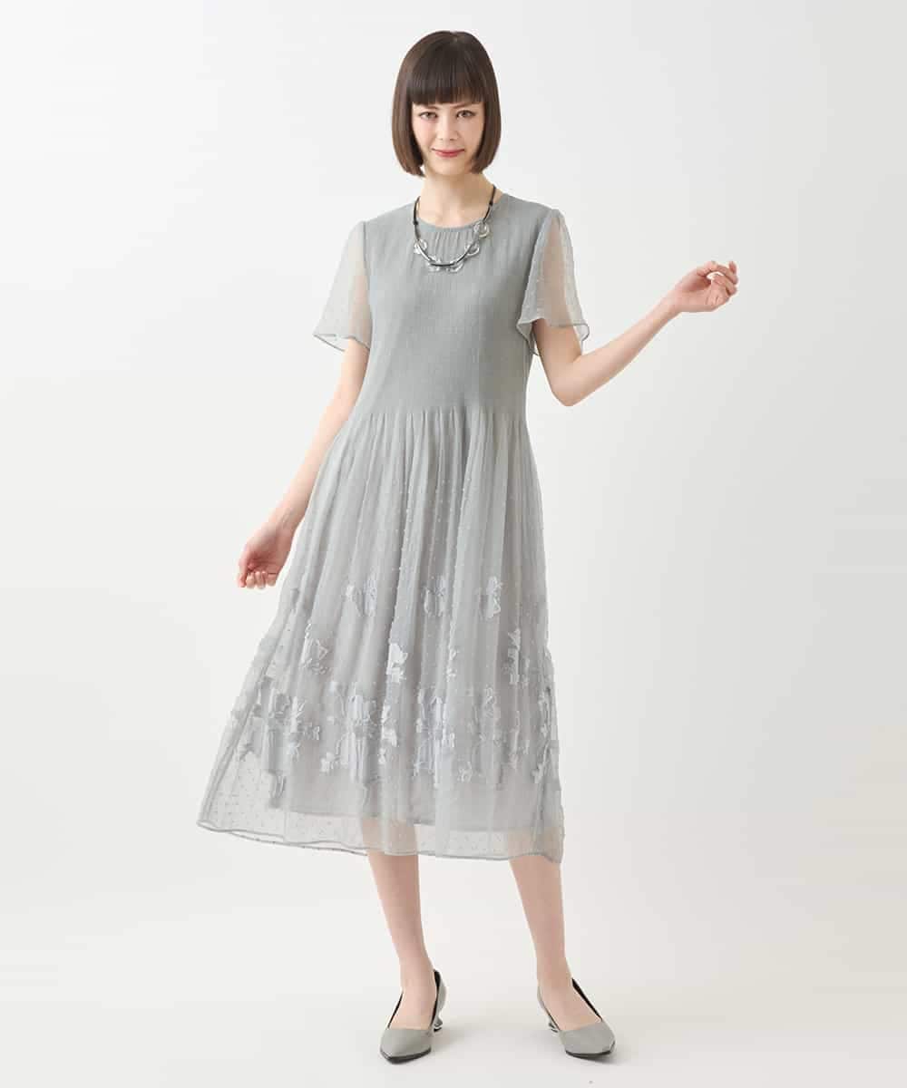 RLEGA32550 HIROKO BIS GRANDE(ヒロコ ビス グランデ) 【大きいサイズ】ドットフラワーシャーリング切り替えワンピース ライトグレー