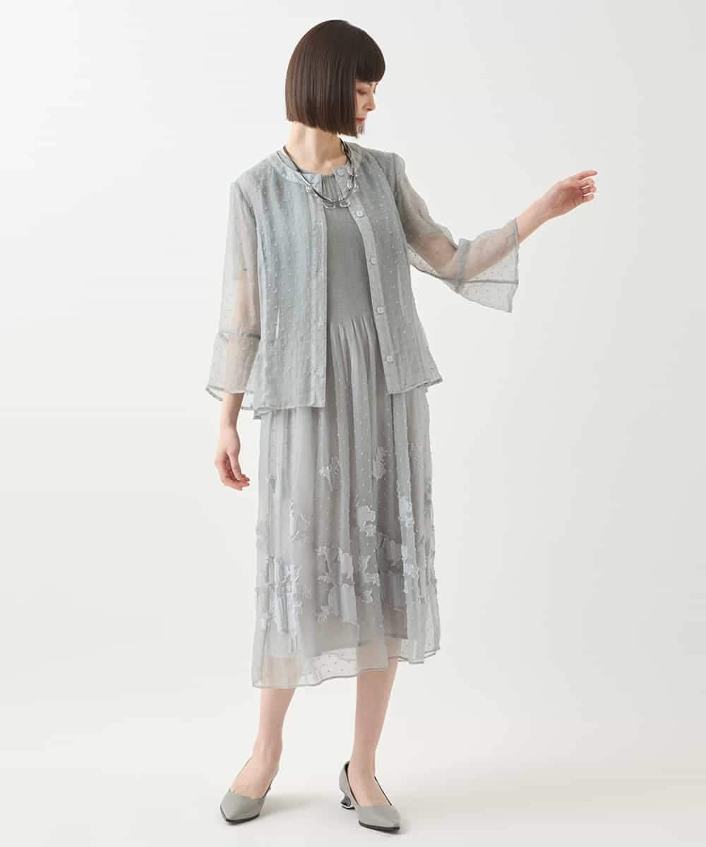 RLEGA32550 HIROKO BIS GRANDE(ヒロコ ビス グランデ) 【大きいサイズ】ドットフラワーシャーリング切り替えワンピース ライトグレー
