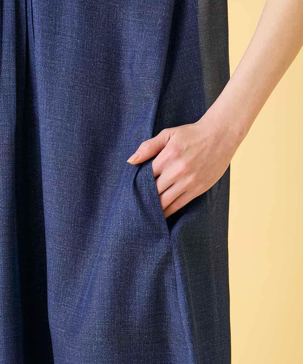 RLEGE31360 HIROKO BIS GRANDE(ヒロコ ビス グランデ) 【先行予約/大きいサイズ】サテンデニムピンタックデザインワンピース ネイビー