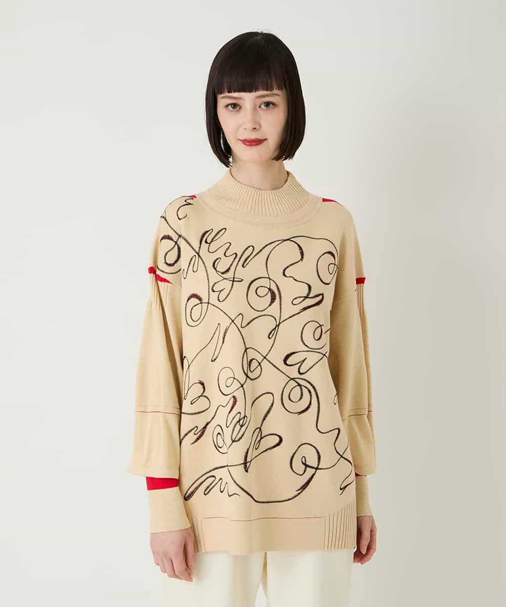 RLFAE50360 HIROKO BIS GRANDE(ヒロコ ビス グランデ) 【大きいサイズ】ニュアンス刺繍アクセントニットプルオーバー ベージュ
