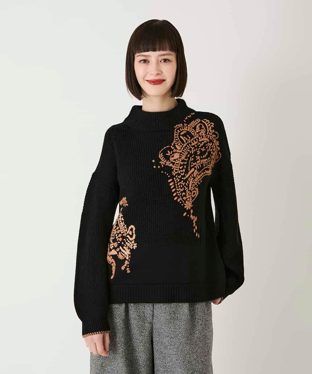 RLFAE57420 HIROKO BIS GRANDE(ヒロコ ビス グランデ) ペースリー刺繍ニットプルオーバー ブラック