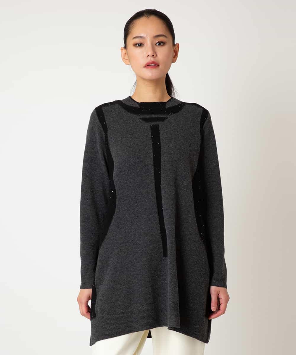 RLFAF65320 HIROKO BIS GRANDE(ヒロコ ビス グランデ) 【大きいサイズ】配色切り替えスパンコールニットチュニック グレー