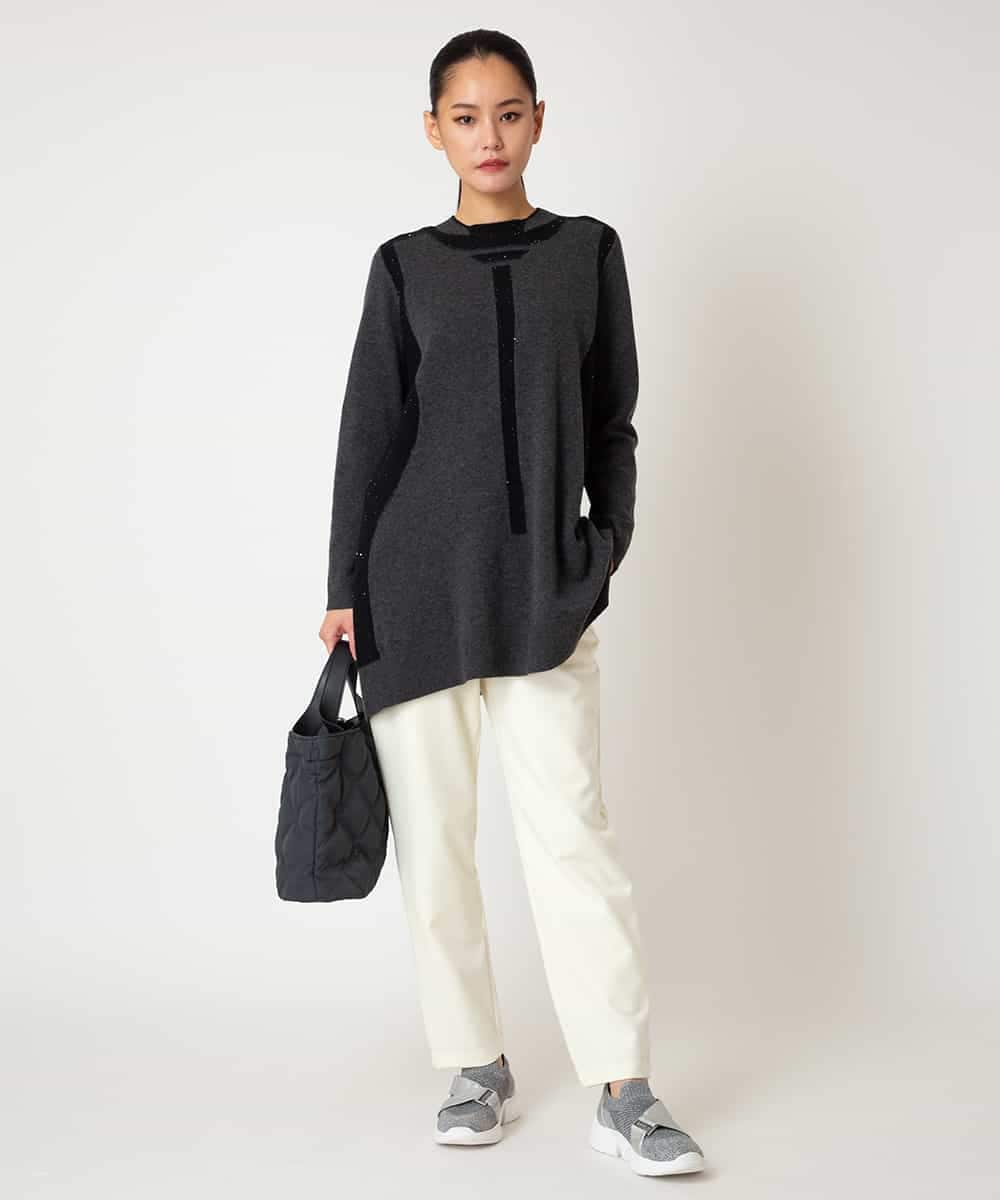 RLFAF65320 HIROKO BIS GRANDE(ヒロコ ビス グランデ) 【大きいサイズ】配色切り替えスパンコールニットチュニック グレー