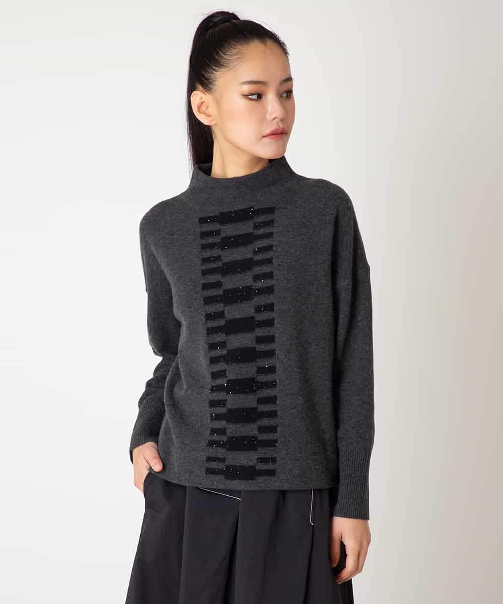 RLFAF66290 HIROKO BIS GRANDE(ヒロコ ビス グランデ) 【大きいサイズ】幾何柄モチーフスパンコールニットプルオーバー グレー