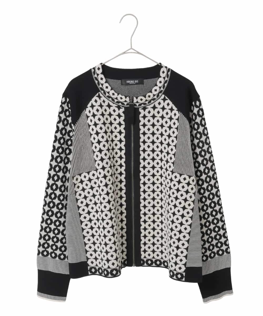 RLFCE80420 HIROKO BIS GRANDE 【大きいサイズ】ジャカード×インターシャ幾何柄ニットカーディガン