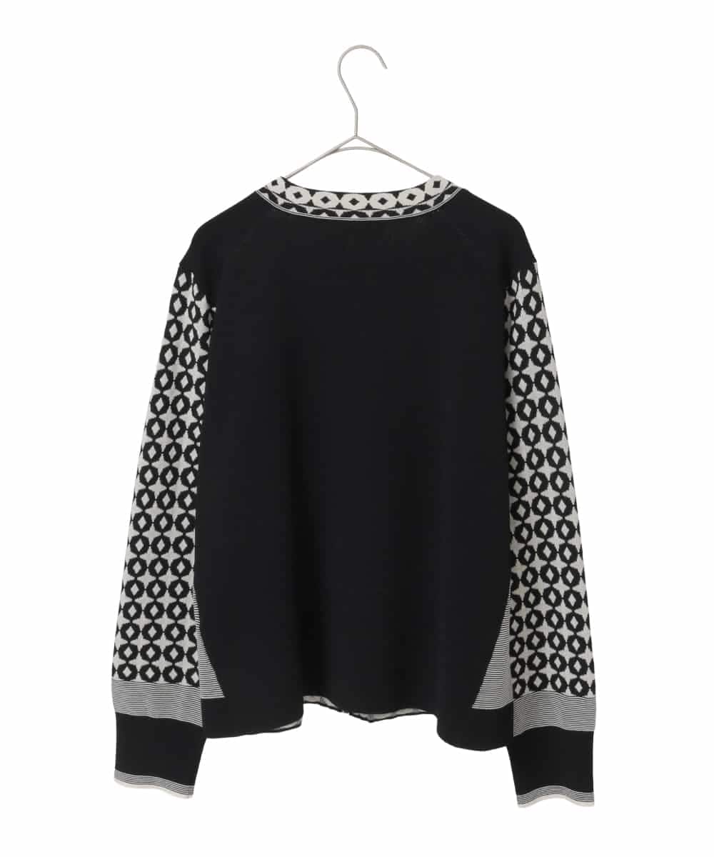 RLFCE80420 HIROKO BIS GRANDE(ヒロコ ビス グランデ) 【大きいサイズ】ジャカード×インターシャ幾何柄ニットカーディガン ブラック