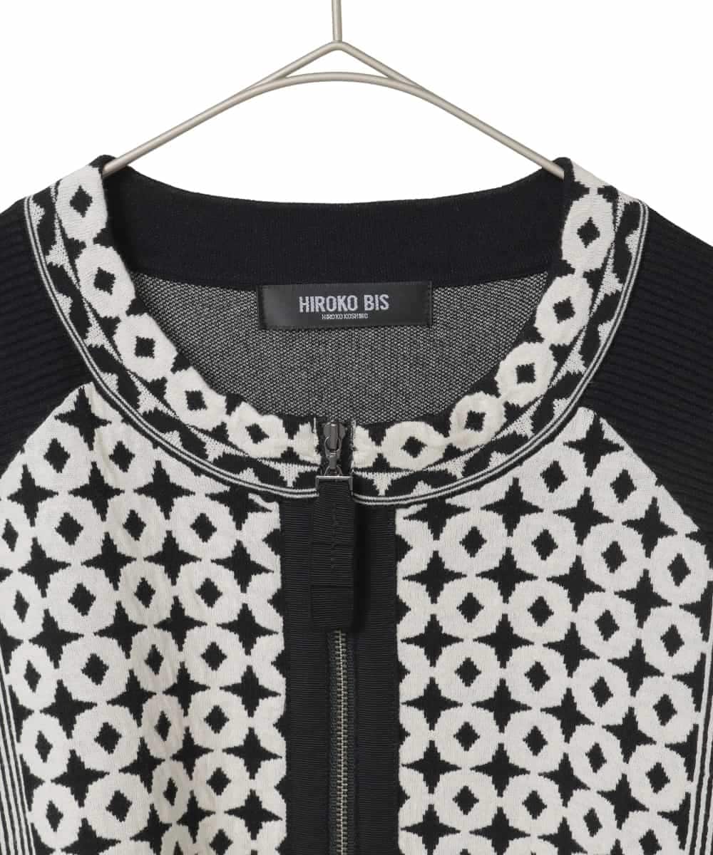 RLFCE80420 HIROKO BIS GRANDE(ヒロコ ビス グランデ) 【大きいサイズ】ジャカード×インターシャ幾何柄ニットカーディガン ブラック