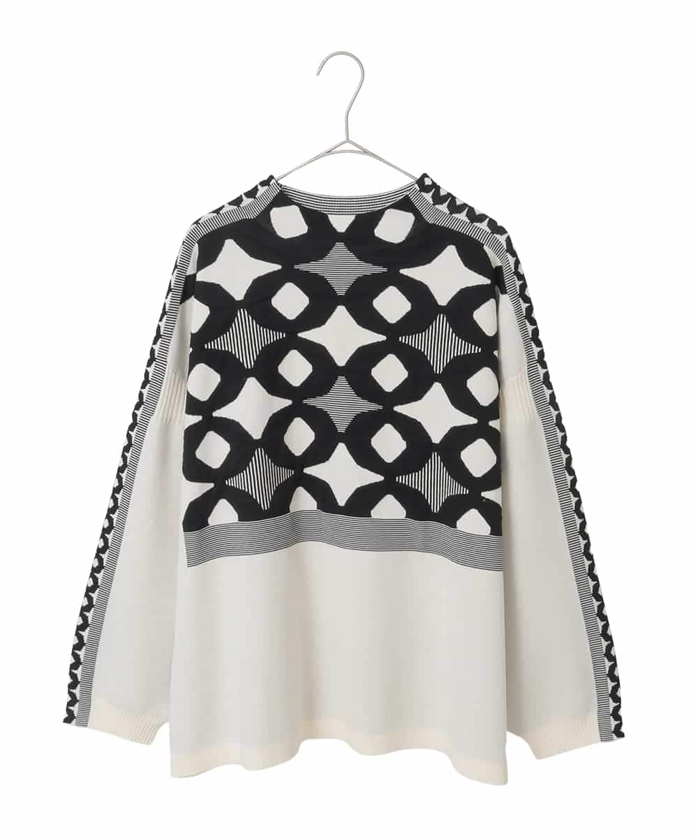 RLFCE81360 HIROKO BIS GRANDE(ヒロコ ビス グランデ) 【大きいサイズ】ジャカード×インターシャ幾何柄ニットプルオーバー アイボリー