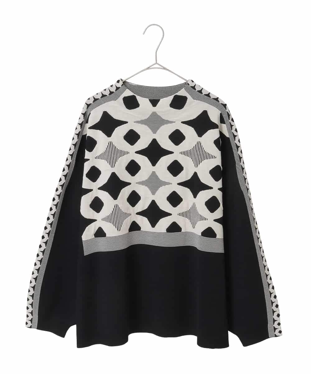RLFCE81360 HIROKO BIS GRANDE(ヒロコ ビス グランデ) 【大きいサイズ】ジャカード×インターシャ幾何柄ニットプルオーバー ブラック