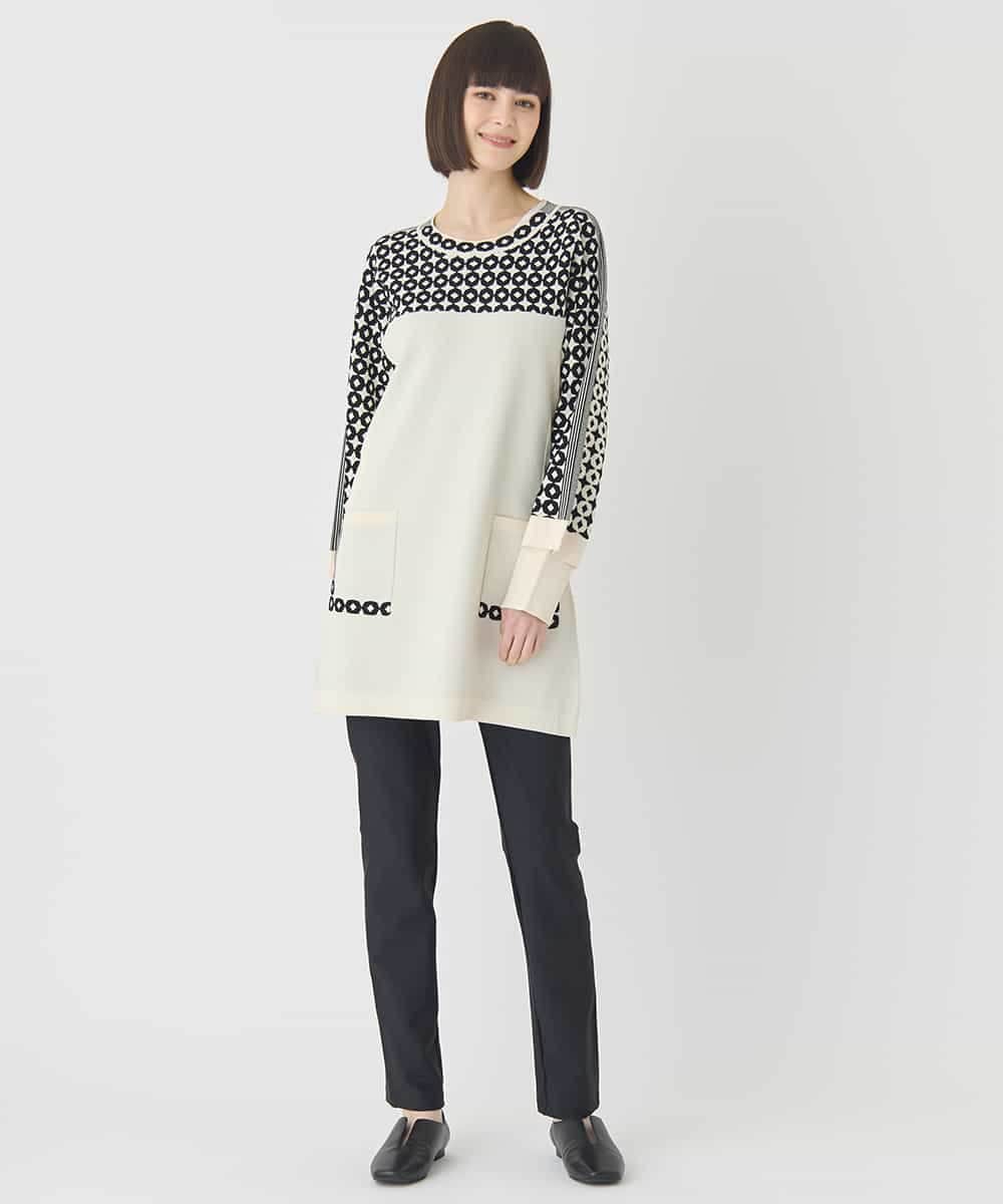 RLFCE82390 HIROKO BIS GRANDE(ヒロコ ビス グランデ) 【大きいサイズ】ジャカード×インターシャ幾何柄チュニック アイボリー