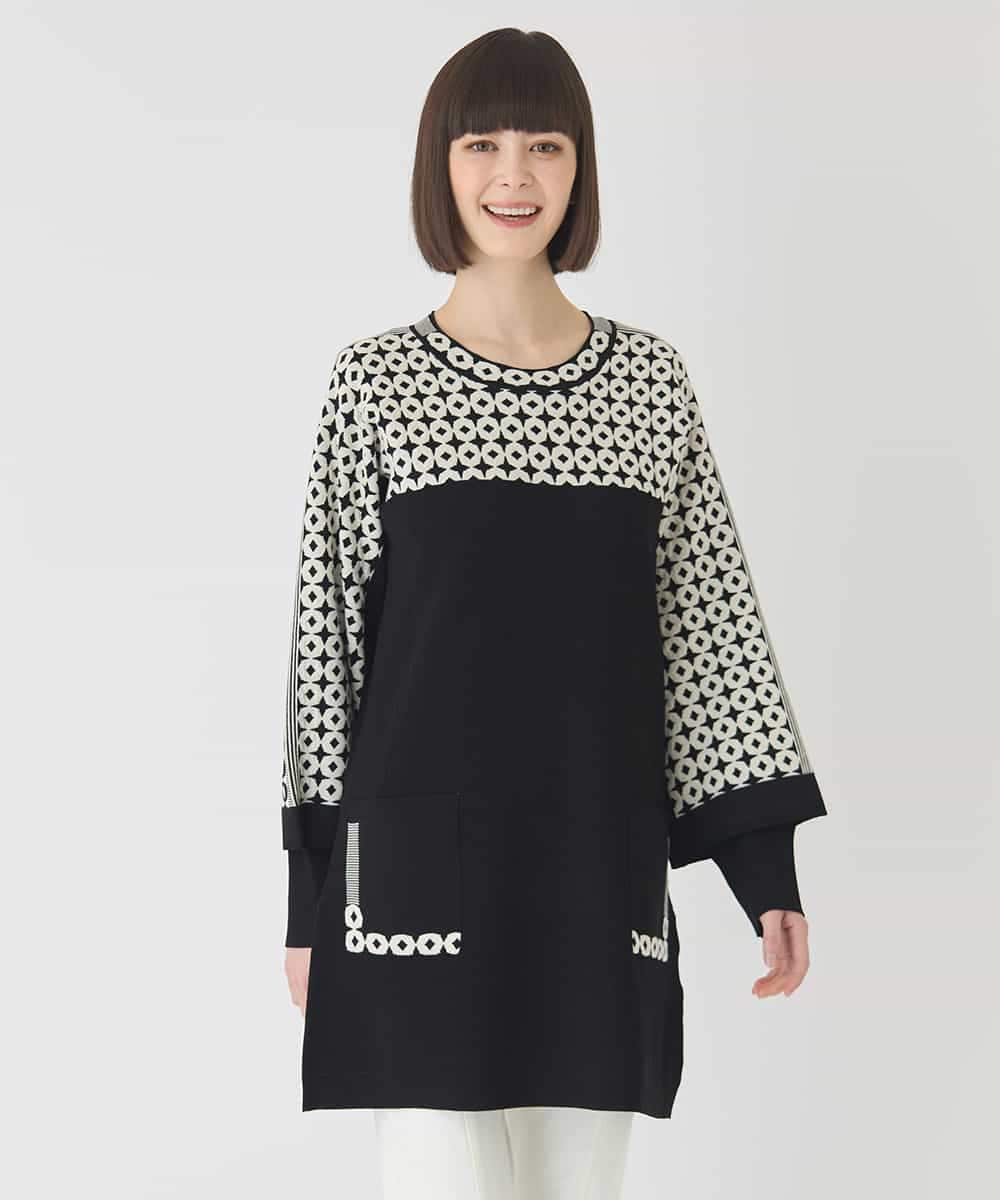 RLFCE82390 HIROKO BIS GRANDE(ヒロコ ビス グランデ) 【大きいサイズ】ジャカード×インターシャ幾何柄チュニック ブラック