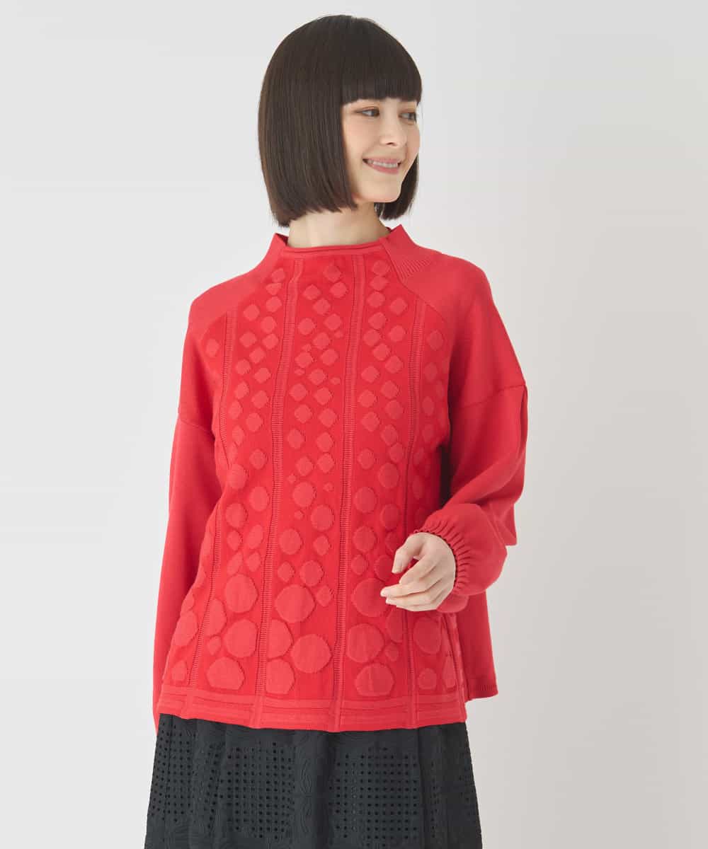 RLFCE85320 HIROKO BIS GRANDE(ヒロコ ビス グランデ) 【大きいサイズ】ボリュームスリーブドットジャカードニットトップ レッド