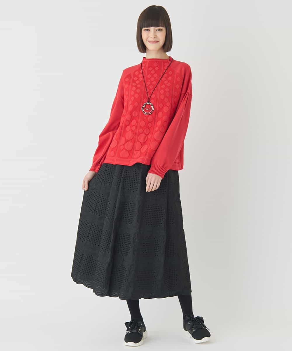 RLFCE85320 HIROKO BIS GRANDE(ヒロコ ビス グランデ) 【大きいサイズ】ボリュームスリーブドットジャカードニットトップ レッド