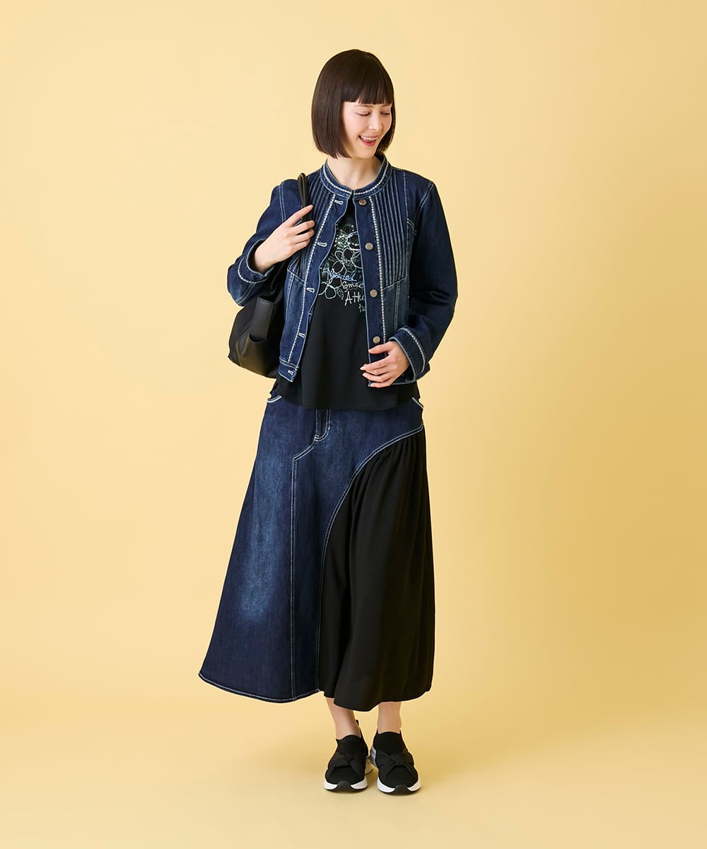 RLHED11290 HIROKO BIS GRANDE(ヒロコ ビス グランデ) 【大きいサイズ】異素材ジョイントリメイク風デニムスカート /洗濯機で洗える ネイビー
