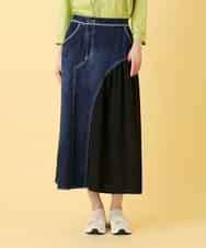 RLHED11290 HIROKO BIS GRANDE(ヒロコ ビス グランデ) 【大きいサイズ】異素材ジョイントリメイク風デニムスカート /洗濯機で洗える ネイビー