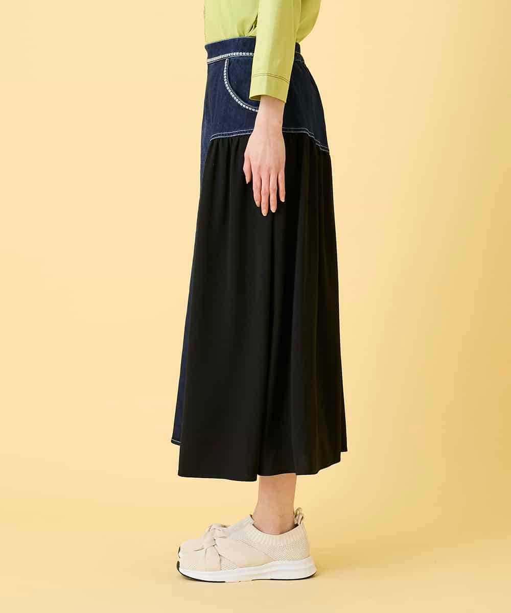 RLHED11290 HIROKO BIS GRANDE(ヒロコ ビス グランデ) 【大きいサイズ】異素材ジョイントリメイク風デニムスカート /洗濯機で洗える ネイビー