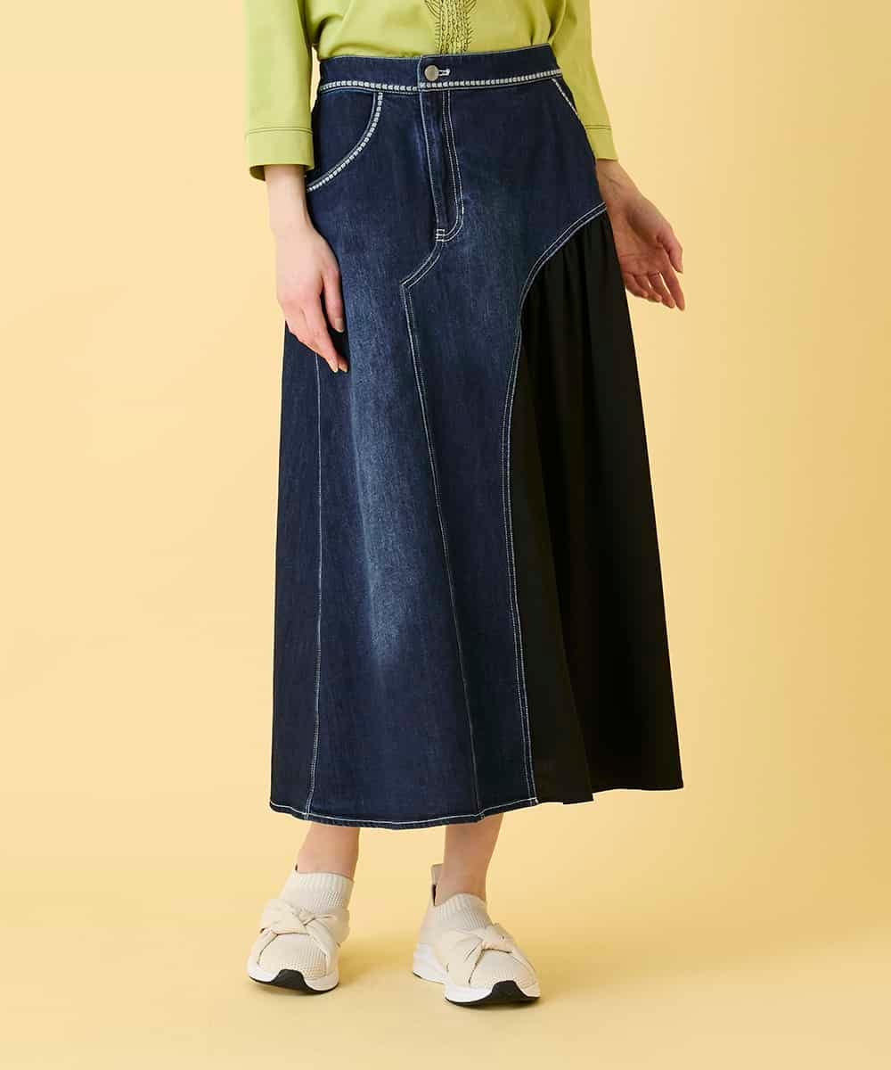 RLHED11290 HIROKO BIS GRANDE(ヒロコ ビス グランデ) 【大きいサイズ】異素材ジョイントリメイク風デニムスカート /洗濯機で洗える ネイビー