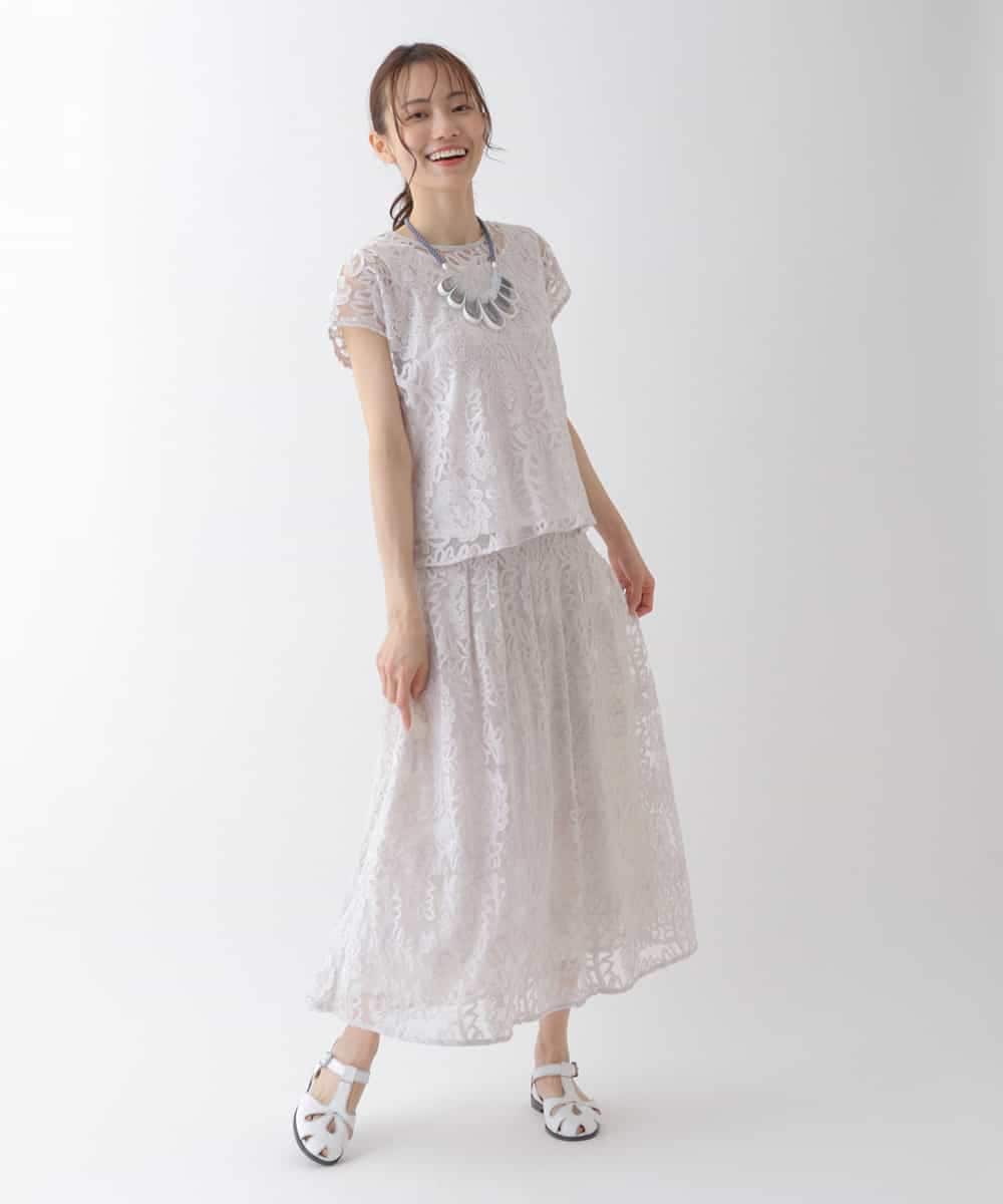 RLHHS06350 HIROKO BIS GRANDE(ヒロコ ビス グランデ) 【洗える】フラワー刺繍チュールフレアスカート ライトグレー