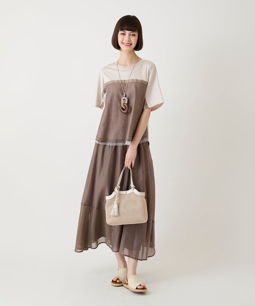 RLHIE04280 HIROKO BIS GRANDE(ヒロコ ビス グランデ) 【大きいサイズ】メッシュアクセントアシンメトリースカート /洗える ブラウン