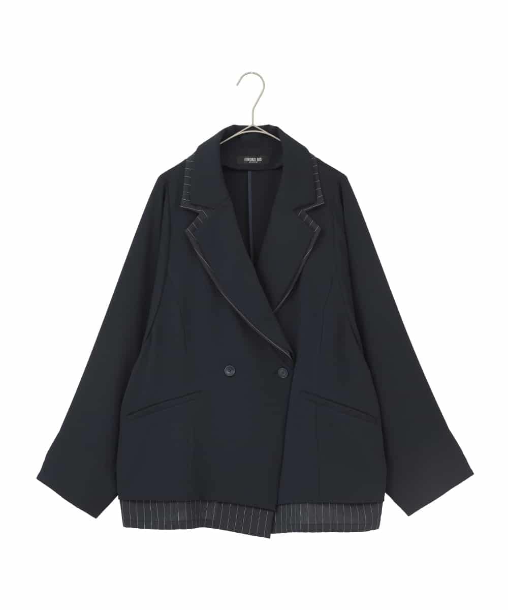 RLJDD02470 HIROKO BIS GRANDE(ヒロコ ビス グランデ) 【大きいサイズ】無地×ストライプレイヤード風ジャケット ネイビー