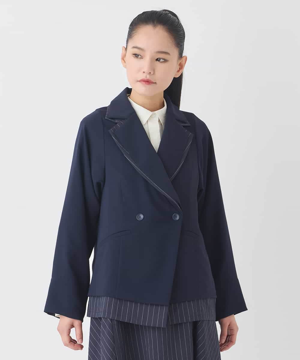 RLJDD02470 HIROKO BIS GRANDE(ヒロコ ビス グランデ) 【大きいサイズ】無地×ストライプレイヤード風ジャケット ネイビー