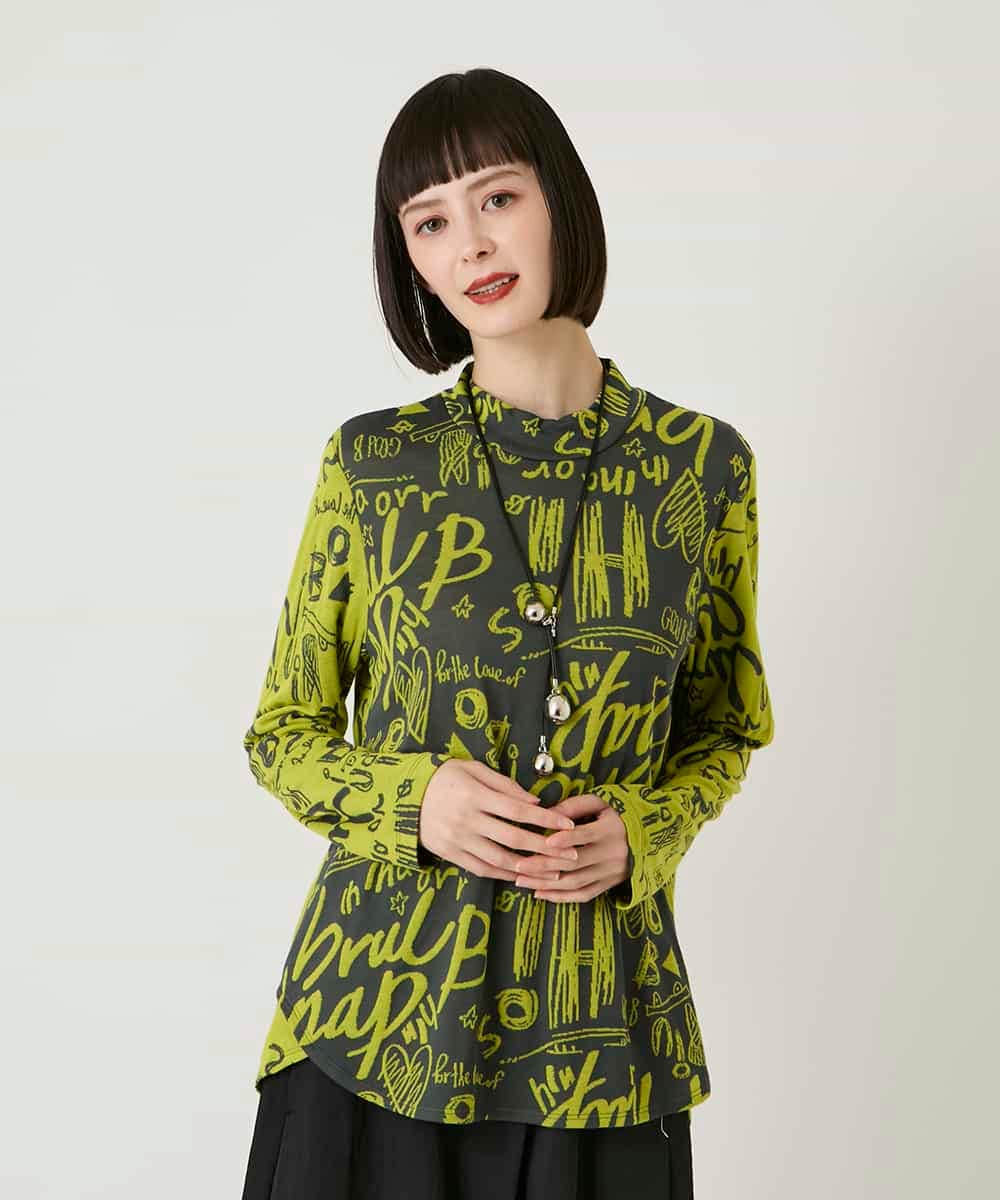 RLKAE33250 HIROKO BIS GRANDE(ヒロコ ビス グランデ) アートロゴ総柄モックネックカットソー ライトグレー