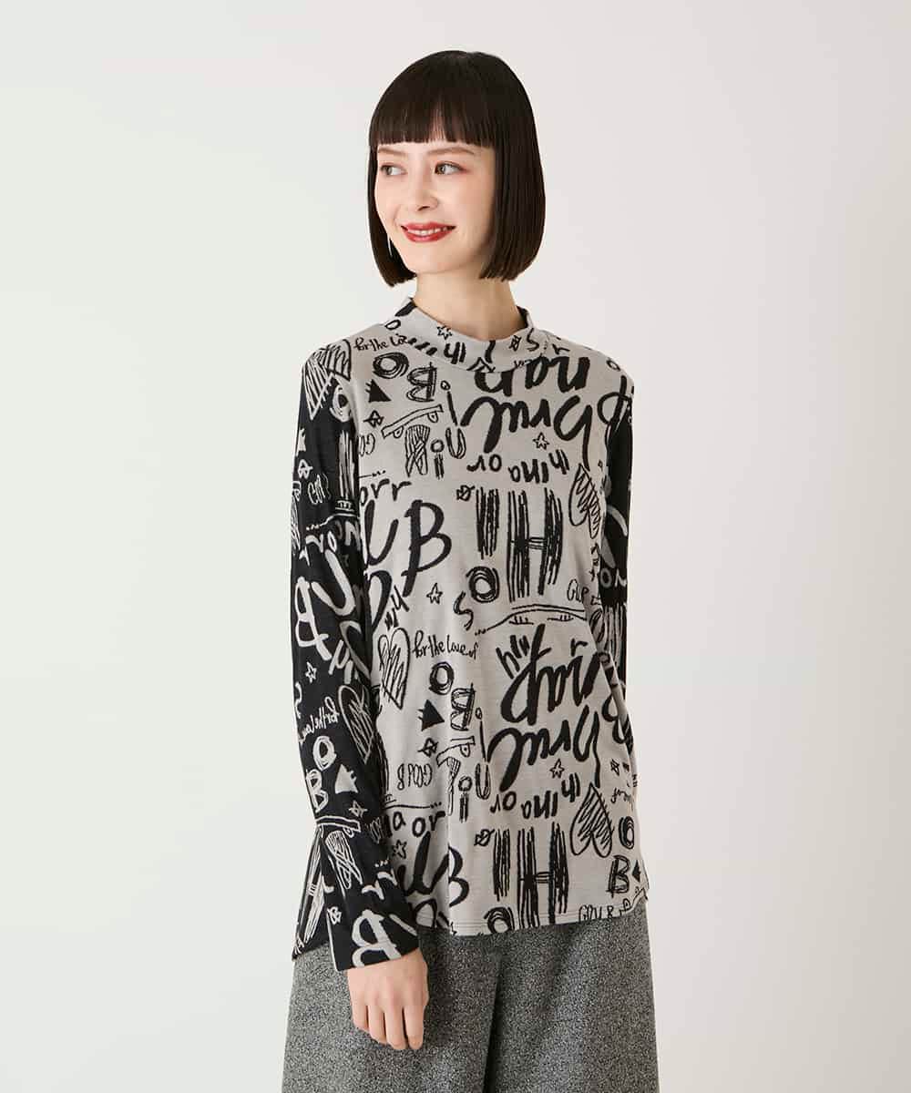 RLKAE33250 HIROKO BIS GRANDE(ヒロコ ビス グランデ) アートロゴ総柄モックネックカットソー ライトグレー
