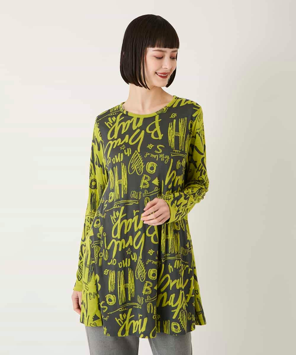 RLKAE34280 HIROKO BIS GRANDE(ヒロコ ビス グランデ) アートロゴ総柄チュニックカットソー カーキ