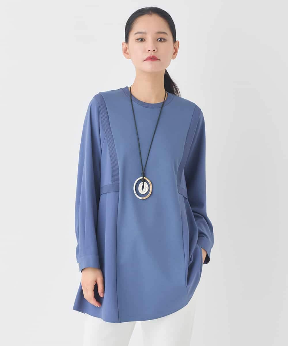 RLKDD07310 HIROKO BIS GRANDE(ヒロコ ビス グランデ) 【大きいサイズ】異素材切り替えチュニックプルオーバー ブルー