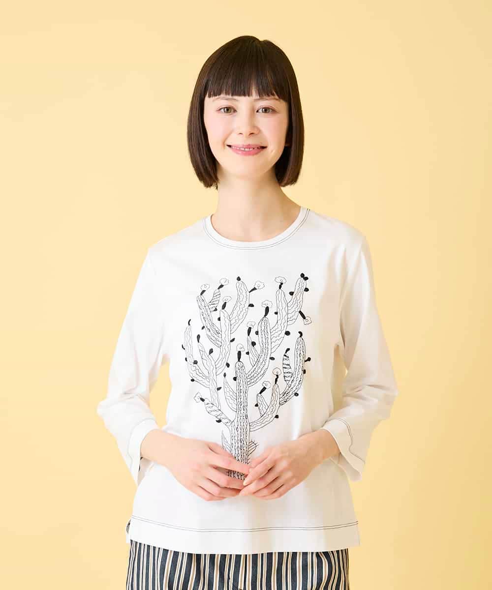 RLKED22210 HIROKO BIS GRANDE(ヒロコ ビス グランデ) 【大きいサイズ】サボテン刺繍コットンTシャツ /洗える ネイビー