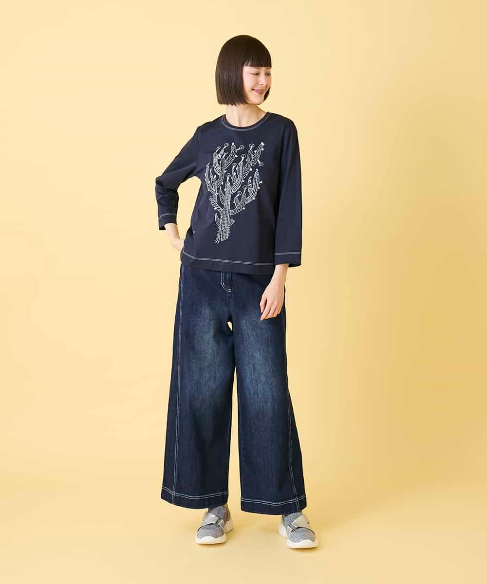 RLKED22210 HIROKO BIS GRANDE(ヒロコ ビス グランデ) 【大きいサイズ】サボテン刺繍コットンTシャツ /洗える ネイビー