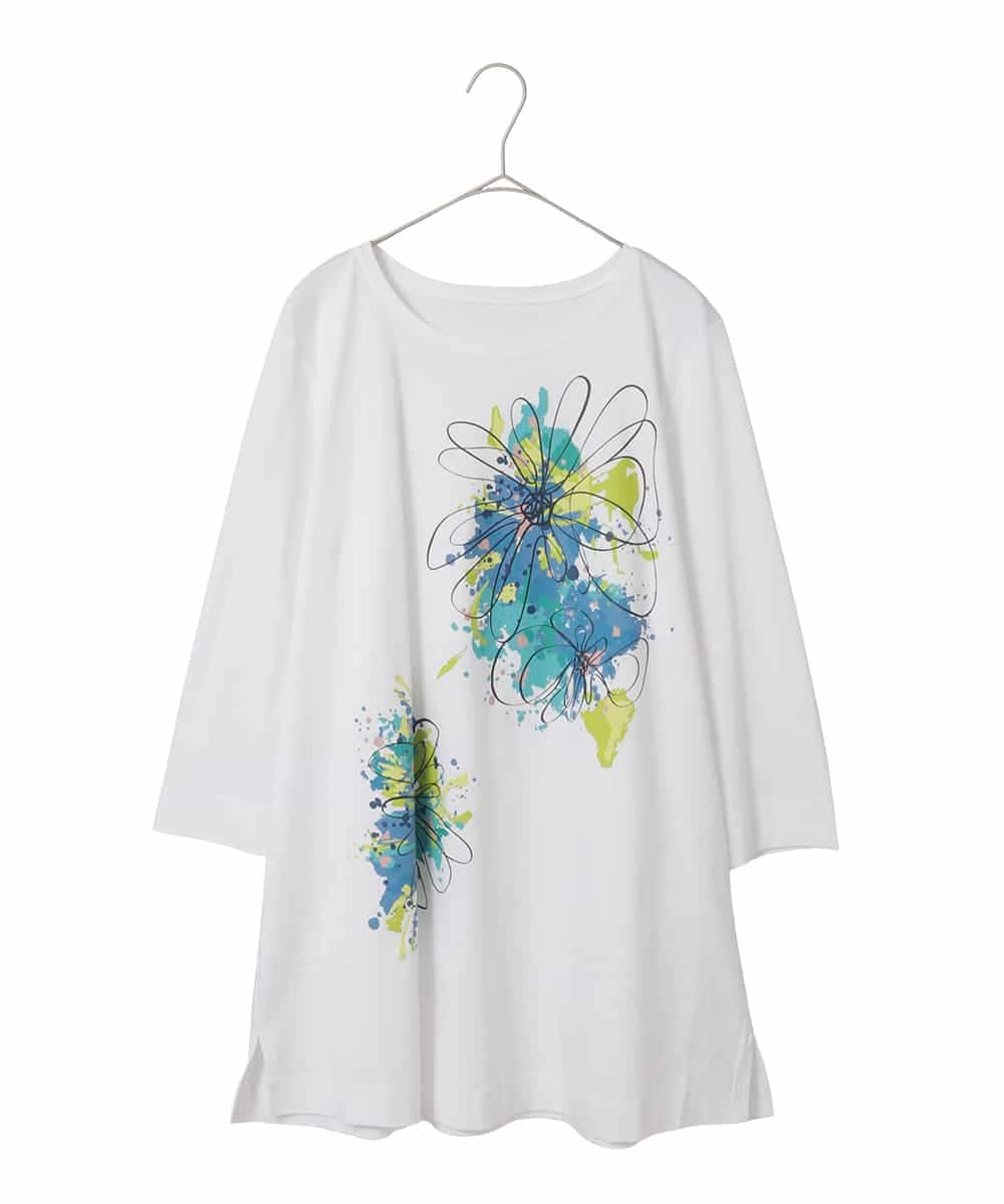 RLKED24250 HIROKO BIS GRANDE(ヒロコ ビス グランデ) ドローイングフラワーチュニックカットソー ホワイト