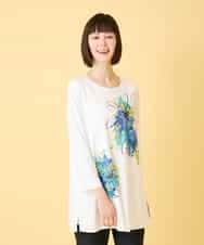 RLKED24250 HIROKO BIS GRANDE(ヒロコ ビス グランデ) 【大きいサイズ】ドローイングフラワーチュニックカットソー /洗える ホワイト