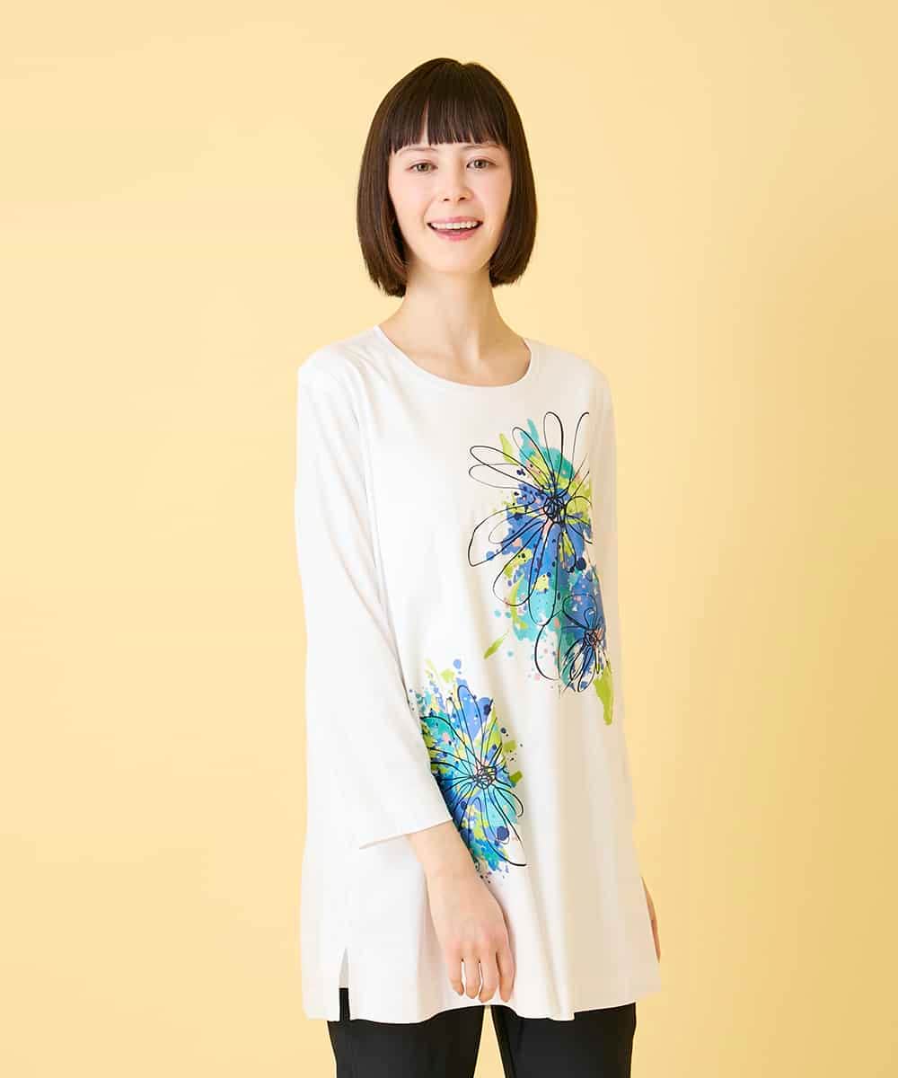 RLKED24250 HIROKO BIS GRANDE(ヒロコ ビス グランデ) 【大きいサイズ】ドローイングフラワーチュニックカットソー /洗える ホワイト