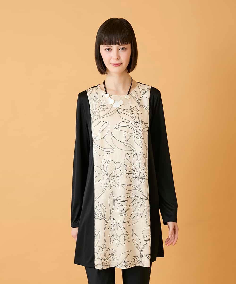 RLKED57280 HIROKO BIS GRANDE(ヒロコ ビス グランデ) 【大きいサイズ】ボタニカルモチーフ異素材チュニック /洗える ブラック