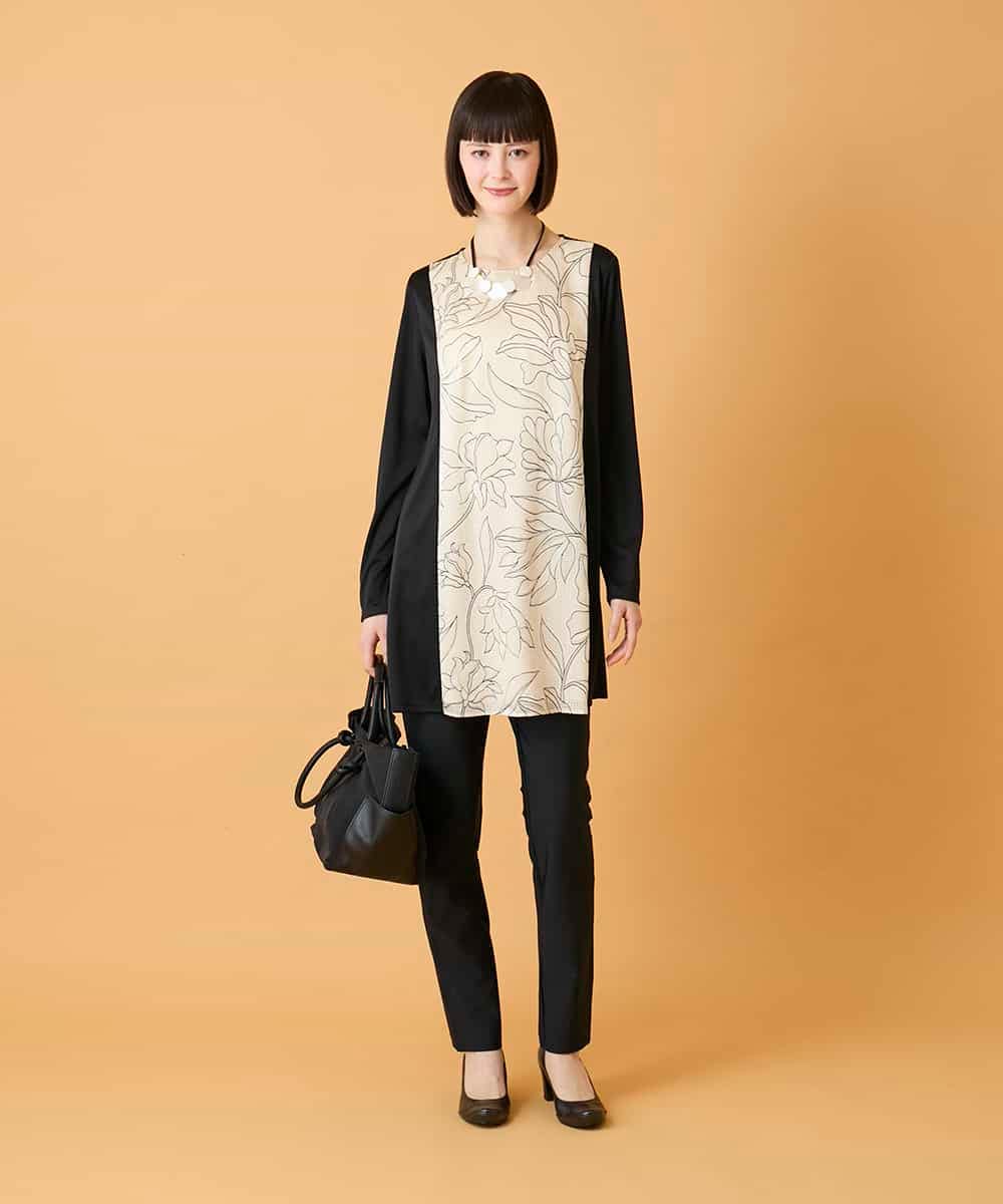 RLKED57280 HIROKO BIS GRANDE(ヒロコ ビス グランデ) 【大きいサイズ】ボタニカルモチーフ異素材チュニック /洗える ブラック