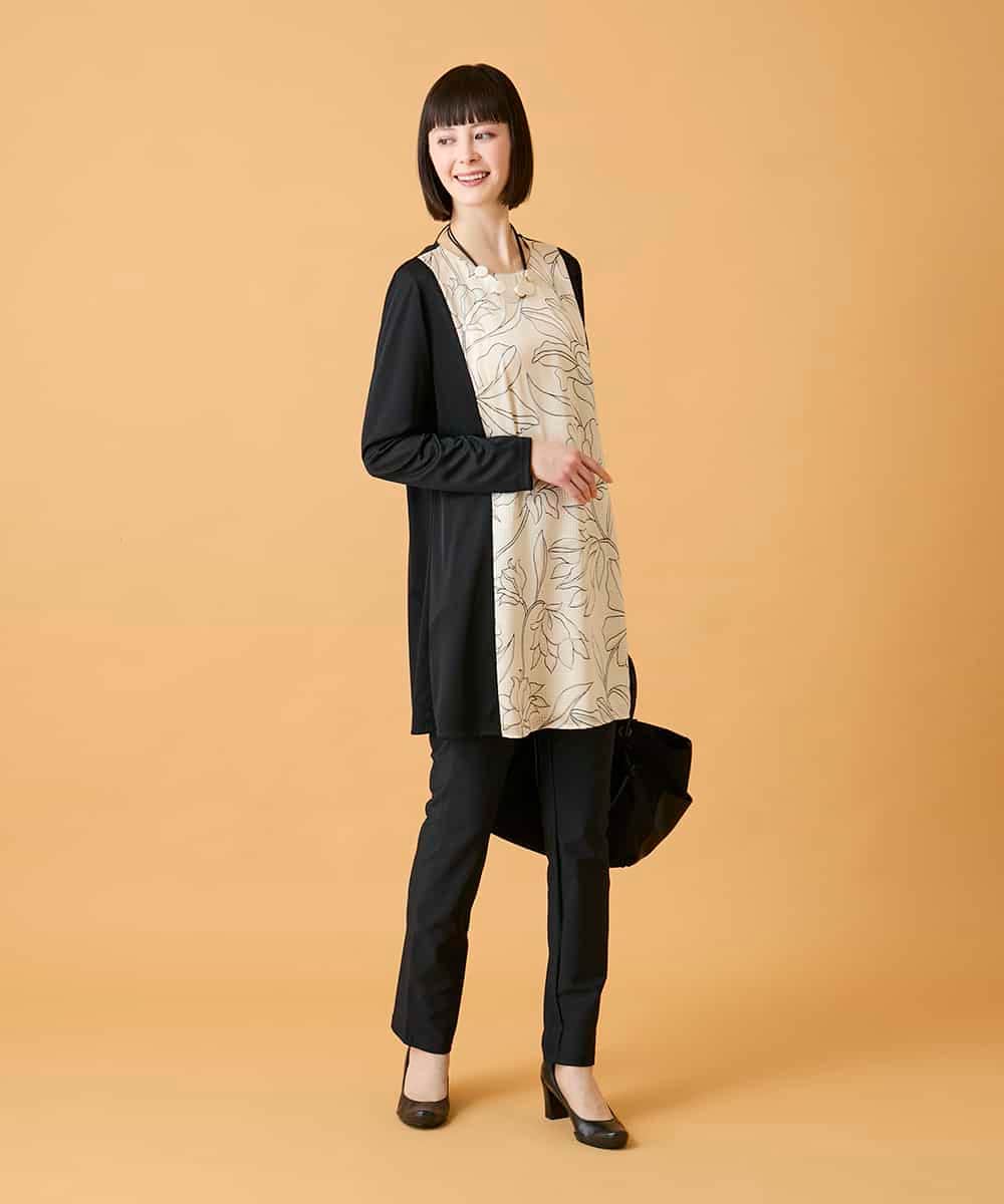RLKED57280 HIROKO BIS GRANDE(ヒロコ ビス グランデ) 【大きいサイズ】ボタニカルモチーフ異素材チュニック /洗える ブラック